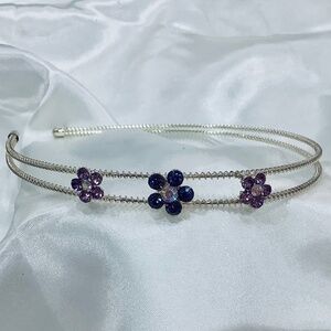 Elegant 2 Purple 1 Blue Crystal Flowers & Silver Rhinestone Headband NWT